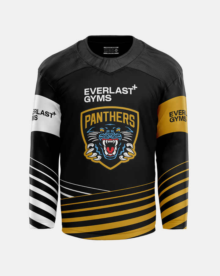The Panthersland 2025/26 Classic Team Replica Home Warm-Up Jersey is a black hockey jersey with gold and white stripes, a roaring panther logo, PANTHERS text on the front, and EVERLAST GYMS on the sleeves.