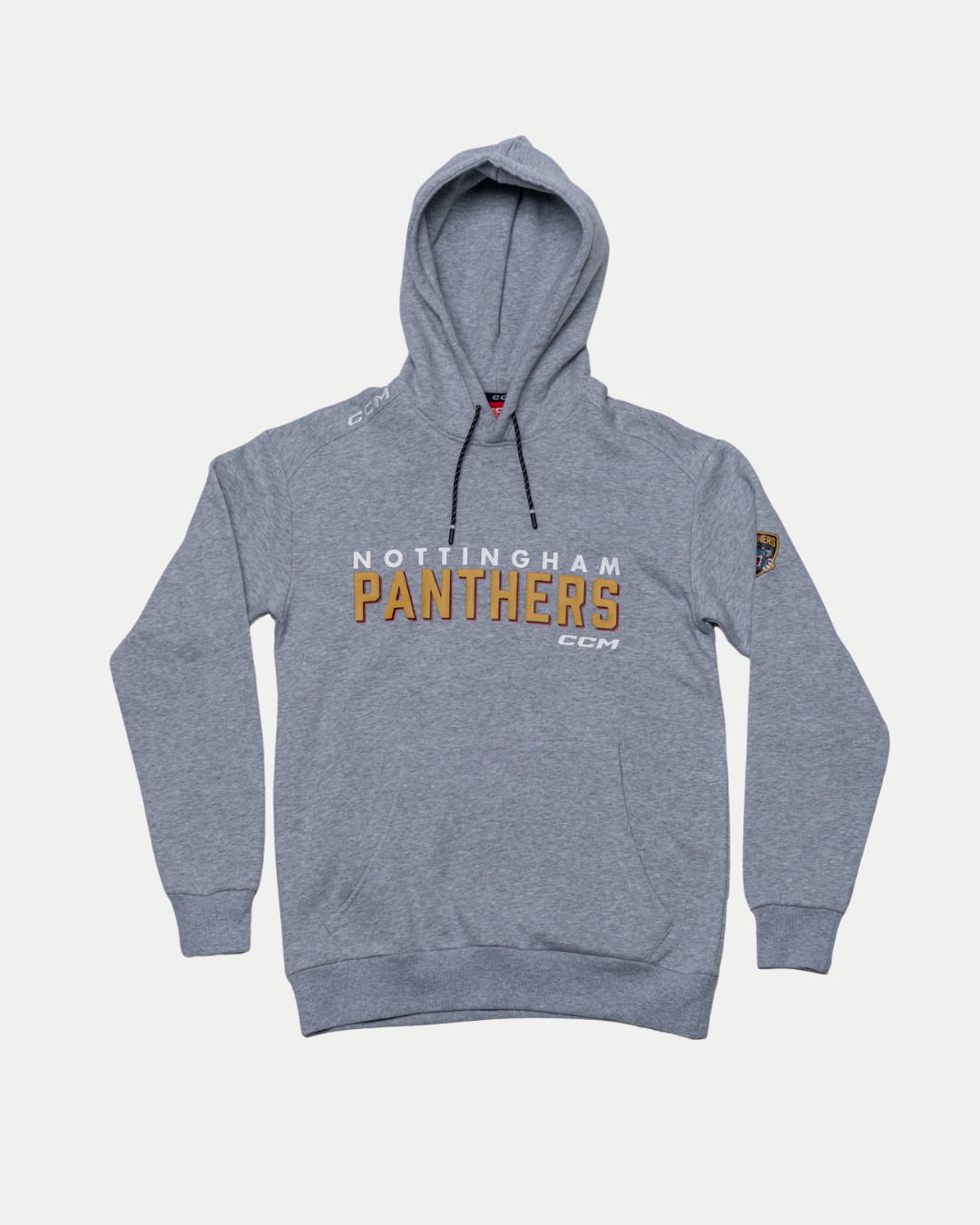 The Panthersland Nottingham Panthers 25-26 CCM Grey Team Text Hoodie features "Nottingham Panthers CCM" in white and gold on the front, a logo patch on the left sleeve, and a CCM logo on the right shoulder.
