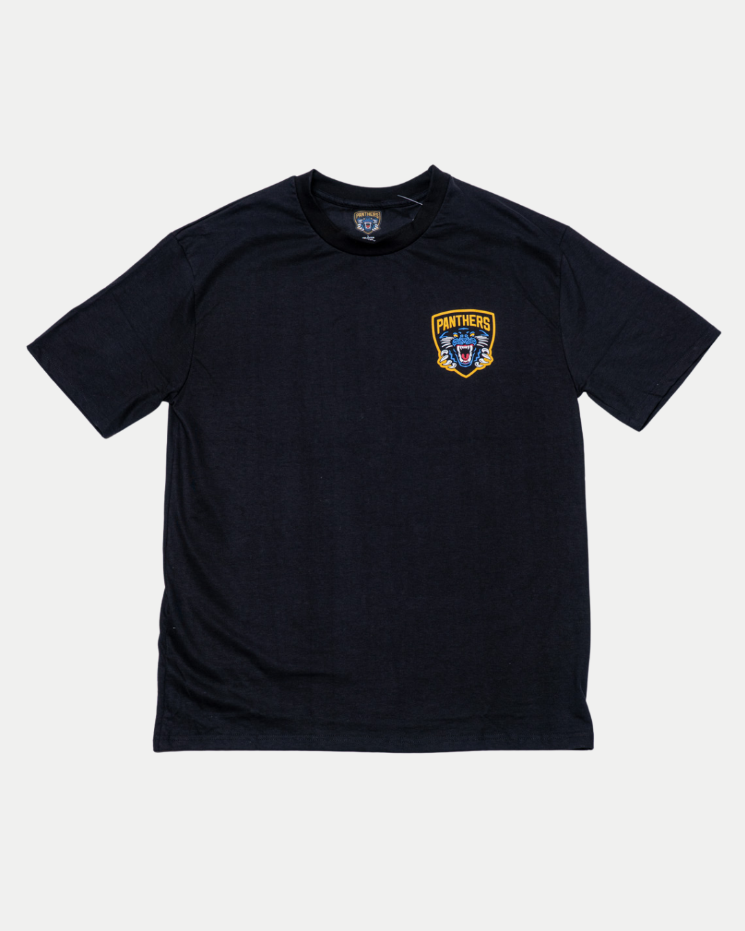 The Panthersland Nottingham Panthers 25-26 Gold Backprint T-Shirt is a black short-sleeve tee with a small, colorful panther head and shield logo on the left chest, displayed flat on a white background.
