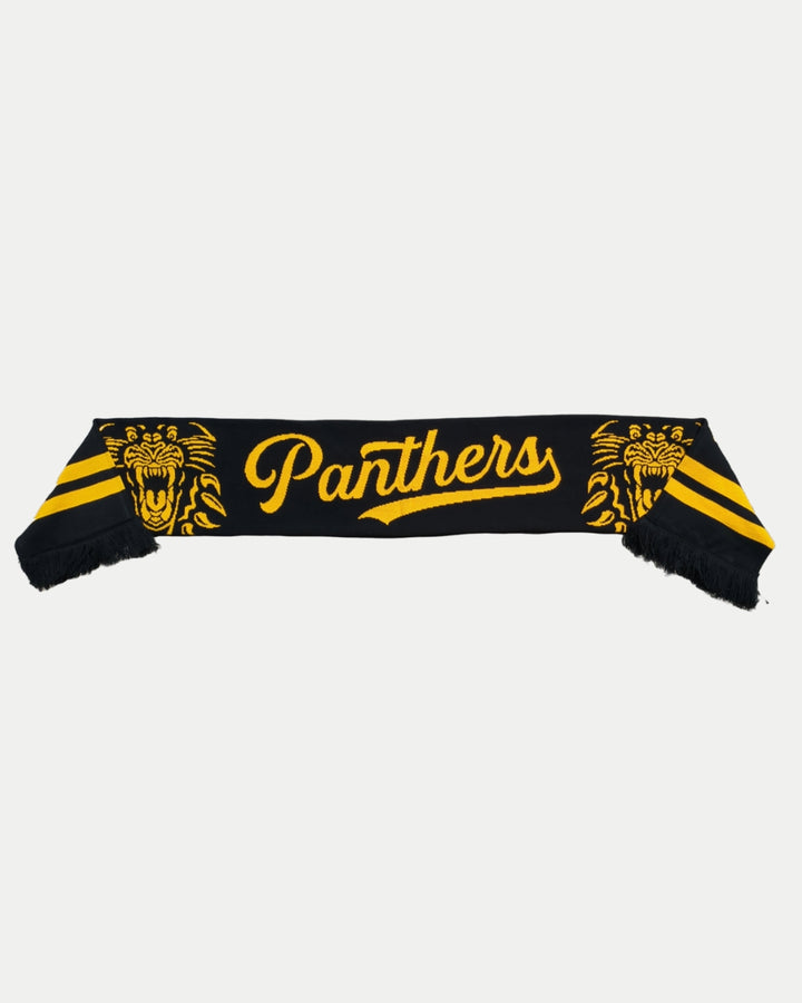 The Panthersland 25-26 Double Head Scarf features yellow script, two bold lion heads, diagonal stripes, and fringe—making it the perfect game day accessory to show off your Panthers pride.