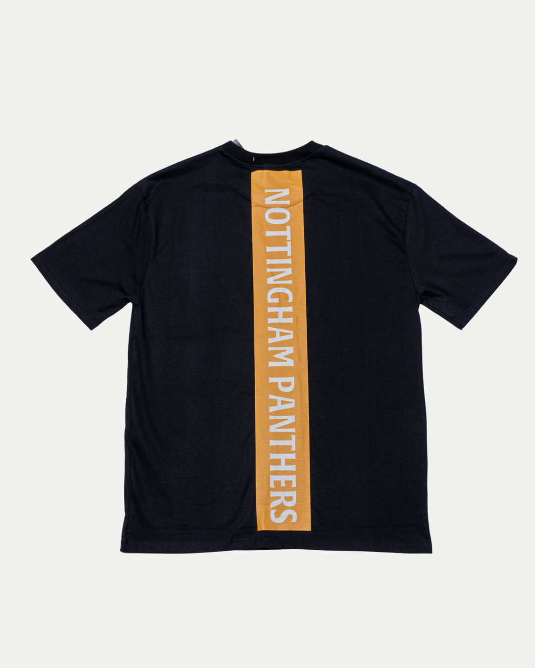 The Panthersland Nottingham Panthers 25-26 Gold Backprint T-Shirt is a black tee with a vertical gold stripe on the back and "NOTTINGHAM PANTHERS" in bold white capitals.