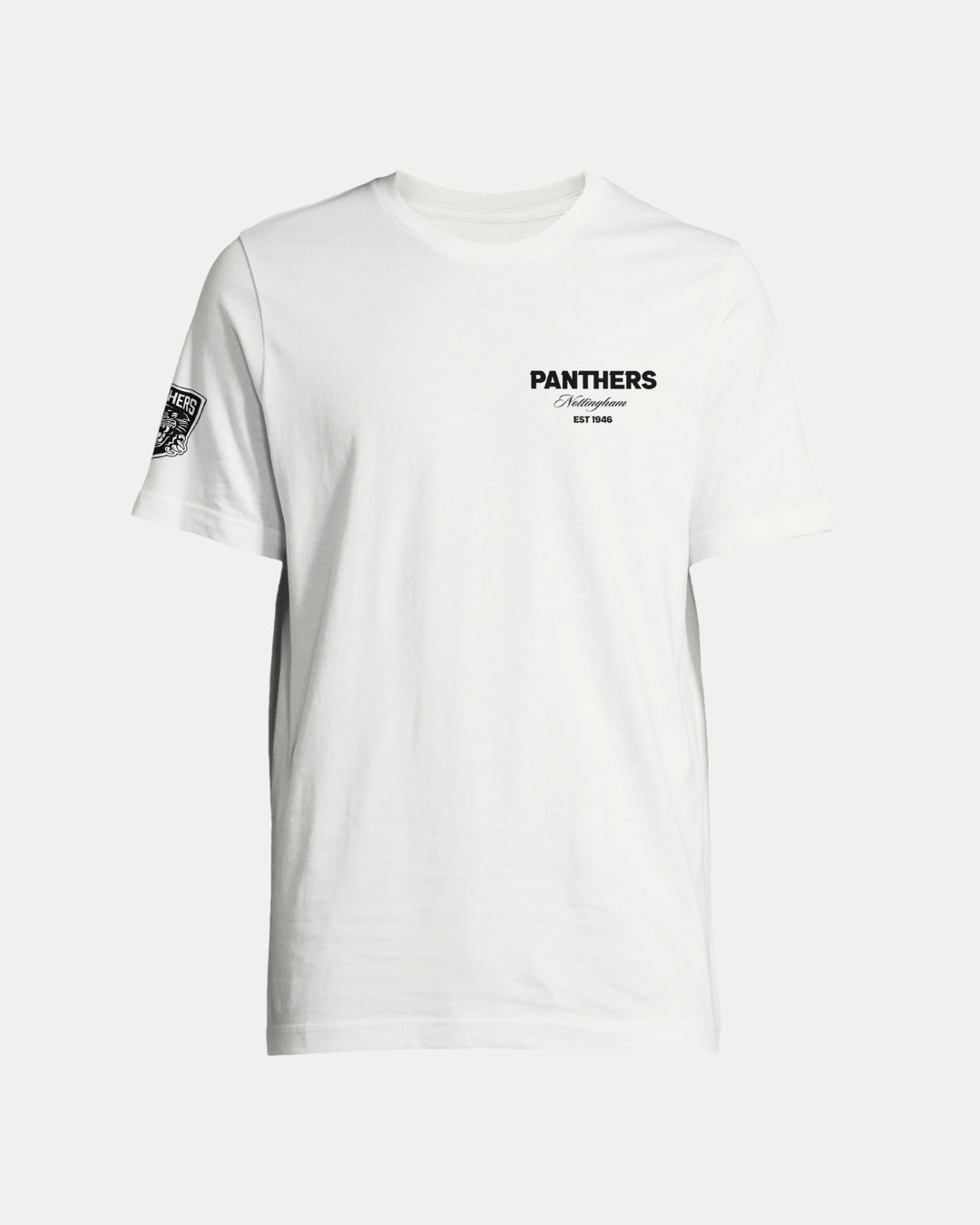 The Nottingham Panthers Made-To-Order Panthers Est 1946 White T-shirt is an eco-conscious unisex tee with small black PANTHERS and EST 1946 text on the left chest and a patch on the left sleeve, combining style and sustainability.