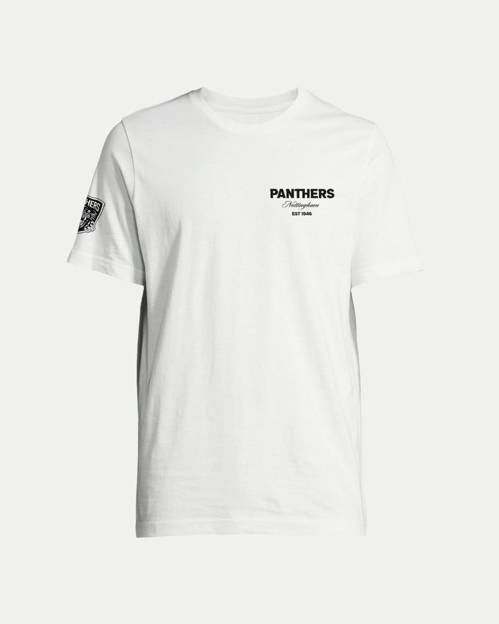 The Nottingham Panthers Made-To-Order Panthers Est 1946 White T-shirt is an eco-conscious unisex tee with small black PANTHERS and EST 1946 text on the left chest and a patch on the left sleeve, combining style and sustainability.