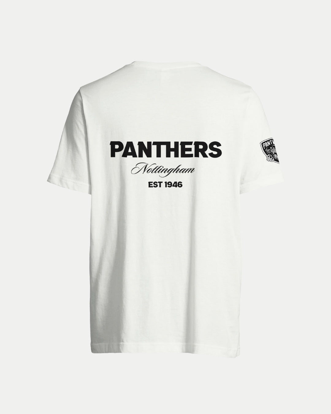 The Nottingham Panthers Made-To-Order Panthers Est 1946 T-shirt White is a unisex tee featuring “PANTHERS Nottingham EST 1946” in black on the back and a panther logo patch on the left sleeve, blending style with heritage.