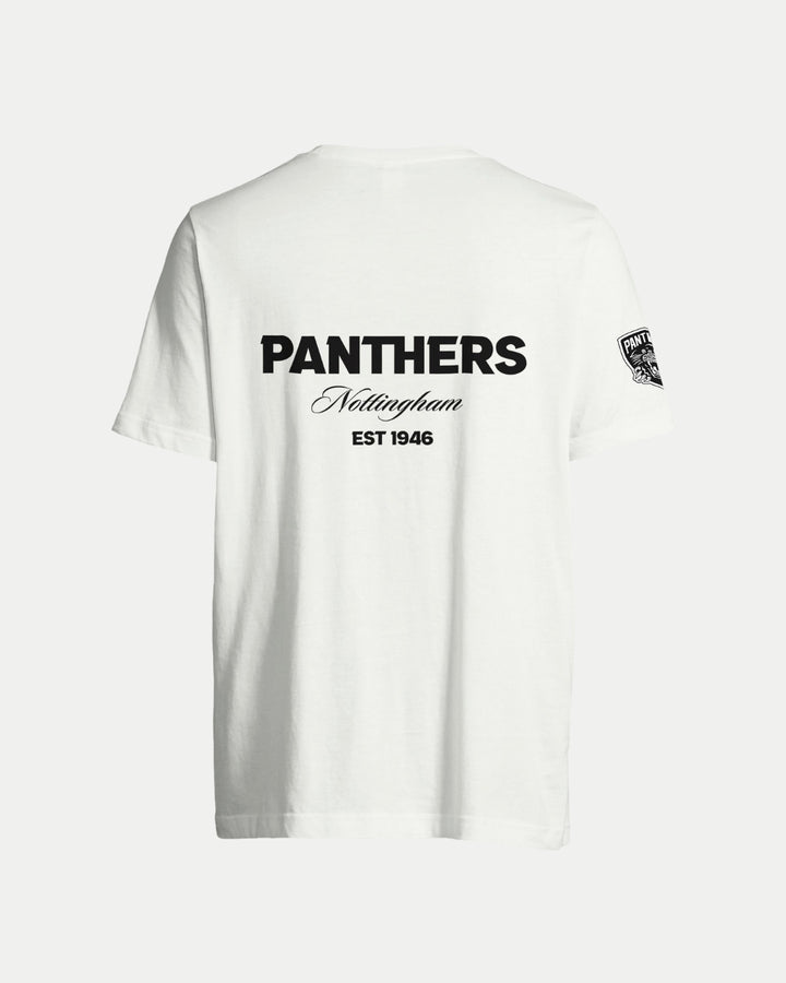The Nottingham Panthers Made-To-Order Panthers Est 1946 T-shirt White is a unisex tee featuring “PANTHERS Nottingham EST 1946” in black on the back and a panther logo patch on the left sleeve, blending style with heritage.