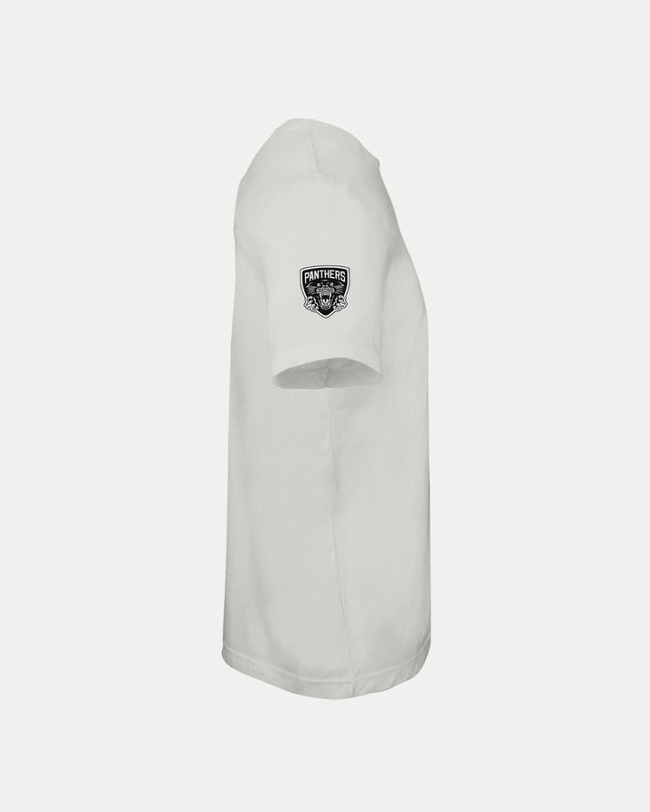 Side view of the white Made-To-Order Panthers Est 1946 T-shirt by Nottingham Panthers, featuring a small black and white Panthers logo patch on the upper sleeve against a plain white background.