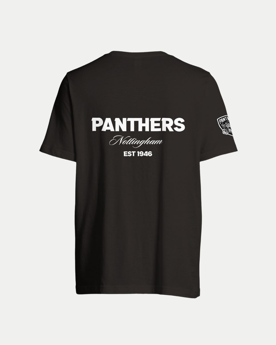 The Made-To-Order Panthers Est 1946 T-shirt Black & White by Nottingham Panthers features bold white PANTHERS Nottingham EST 1946 print on the back and a small logo on the left sleeve, perfect for fans seeking unique style.