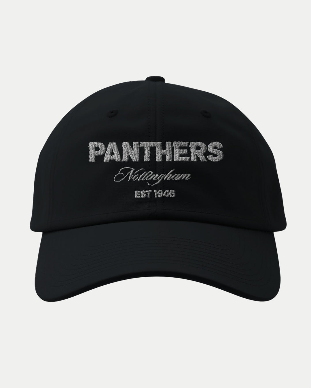 The Made-To-Order Panthers Est 1946 Fitted Baseball Cap by Nottingham Panthers is a structured black cap, featuring bold gray PANTHERS embroidery with Nottingham and EST 1946 stitched in white below.