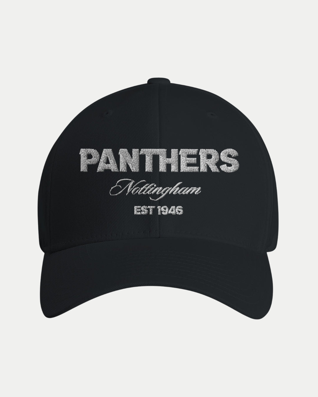 The Nottingham Panthers Made-To-Order Est 1946 Fitted Baseball Cap in black & white features bold gray lettering, Nottingham in white script, and EST 1946, offering classic athletic style.