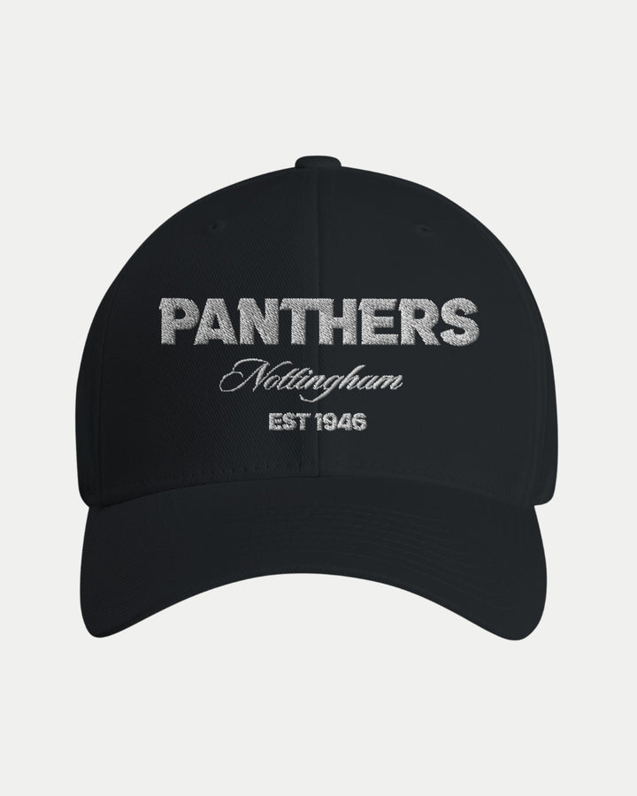 The Nottingham Panthers Made-To-Order Est 1946 Fitted Baseball Cap in black & white features bold gray lettering, Nottingham in white script, and EST 1946, offering classic athletic style.