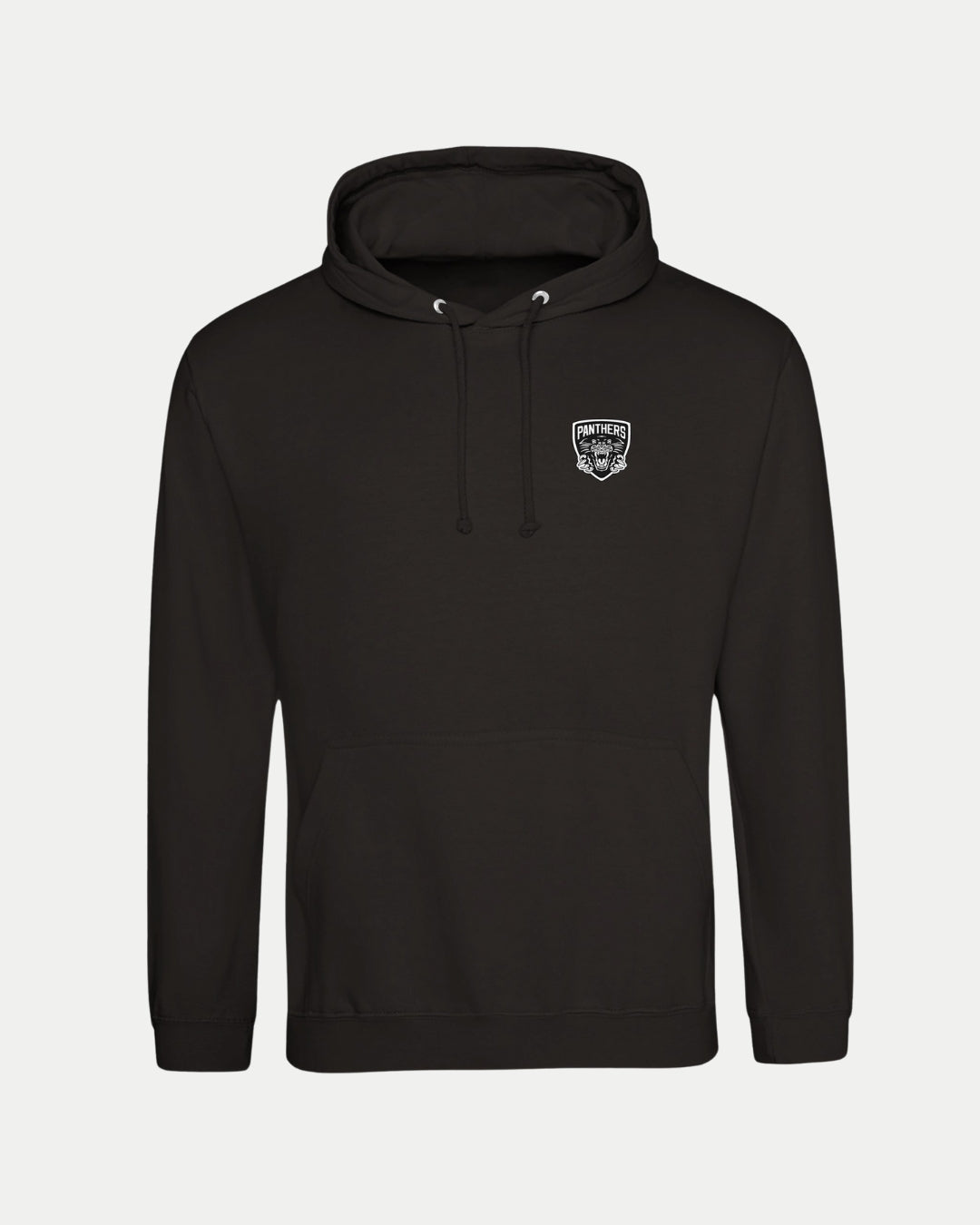 The Made-To-Order Panthers Est 1946 Pullover Hoodie Black & White by Nottingham Panthers is a super soft unisex black hoodie with a front pocket, drawstrings, and a small white logo patch graphic on the left chest for comfort and style.