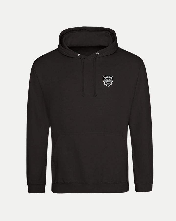 The Made-To-Order Panthers Est 1946 Pullover Hoodie Black & White by Nottingham Panthers is a super soft unisex black hoodie with a front pocket, drawstrings, and a small white logo patch graphic on the left chest for comfort and style.