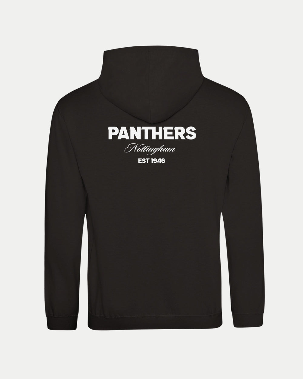 The Nottingham Panthers Made-To-Order Panthers Est 1946 Pullover Hoodie in black & white features PANTHERS Nottingham EST 1946 on the upper back. This super soft, unisex hoodie combines comfort and style.