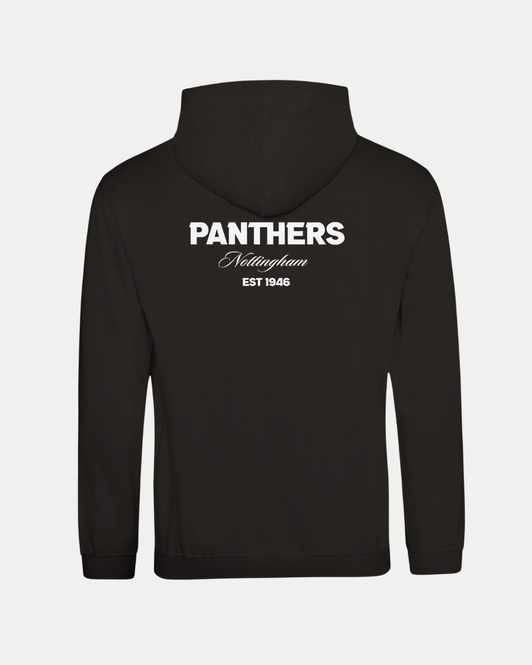 The Nottingham Panthers Made-To-Order Panthers Est 1946 Pullover Hoodie in black & white features PANTHERS Nottingham EST 1946 on the upper back. This super soft, unisex hoodie combines comfort and style.