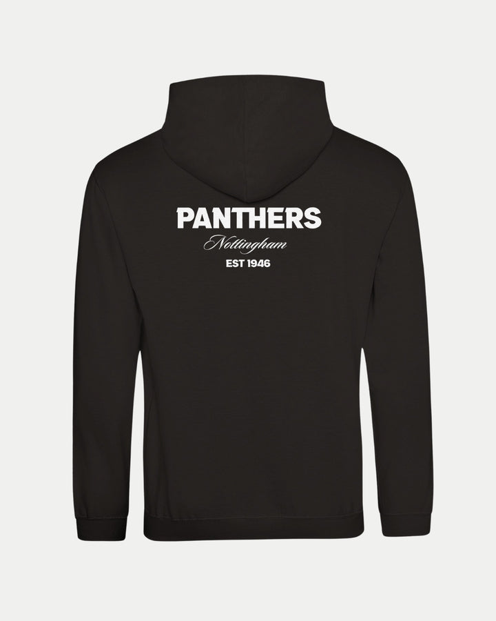 The Nottingham Panthers Made-To-Order Panthers Est 1946 Pullover Hoodie in black & white features PANTHERS Nottingham EST 1946 on the upper back. This super soft, unisex hoodie combines comfort and style.