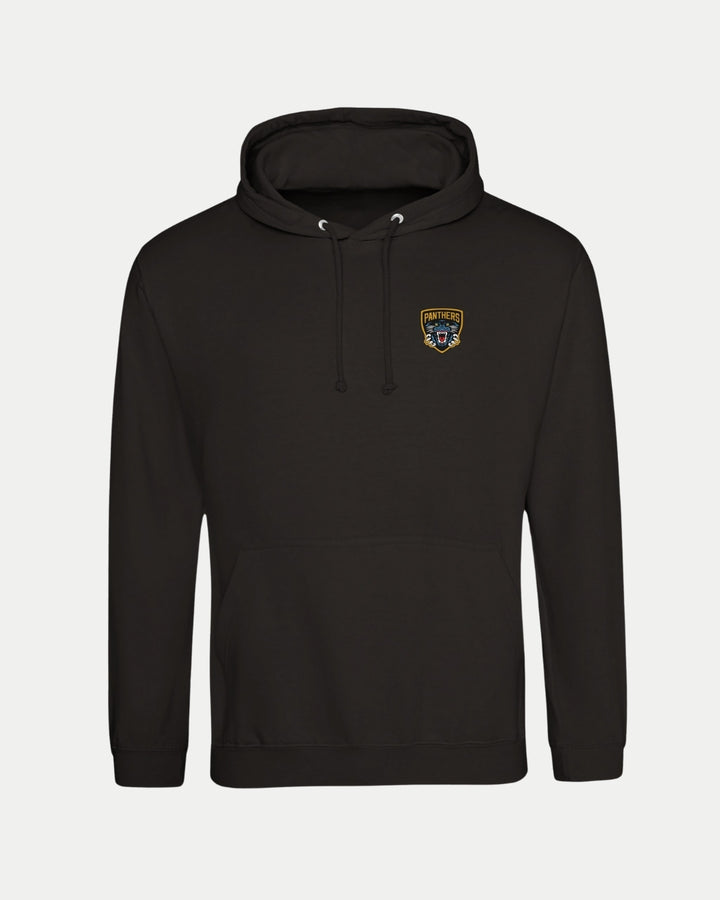 The Nottingham Panthers Made-To-Order Panthers Est 1946 Pullover Hoodie in black & gold is a unisex fit with a front pocket and features a small PANTHERS patch above a blue panther logo on the upper left chest.