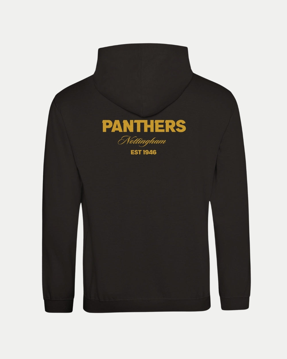 The Made-To-Order Panthers Est 1946 Pullover Hoodie by Nottingham Panthers features bold gold PANTHERS Nottingham EST 1946 text across the shoulders on a black hoodie, shown from the back.