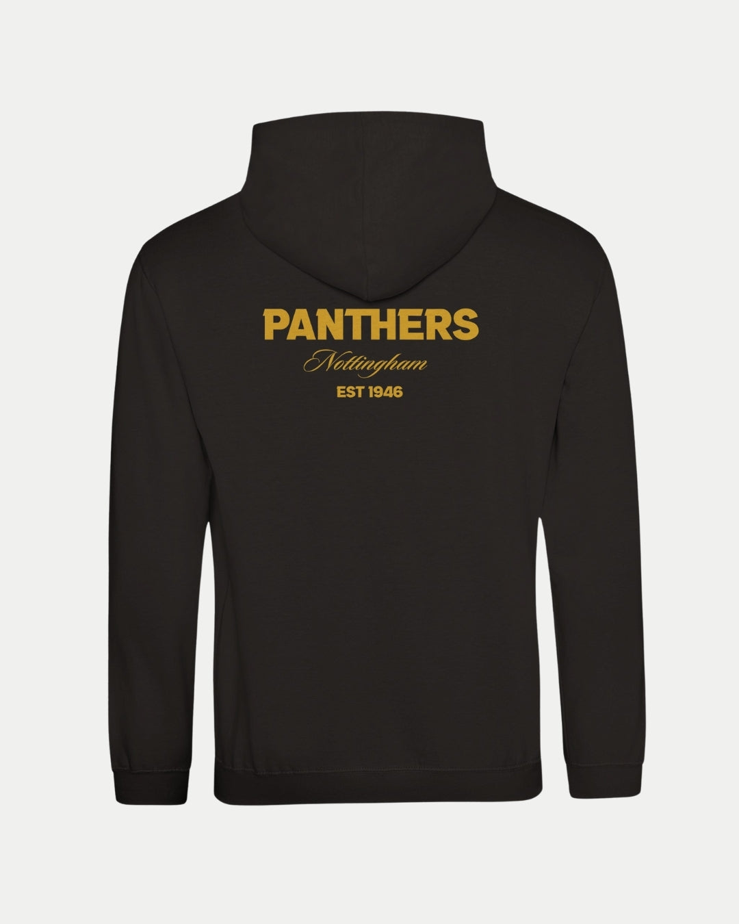 The Made-To-Order Panthers Est 1946 Pullover Hoodie by Nottingham Panthers features bold gold PANTHERS Nottingham EST 1946 text across the shoulders on a black hoodie, shown from the back.