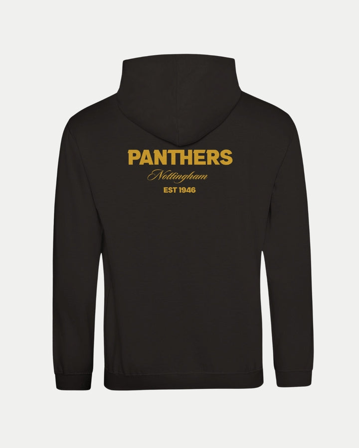 The Made-To-Order Panthers Est 1946 Pullover Hoodie by Nottingham Panthers features bold gold PANTHERS Nottingham EST 1946 text across the shoulders on a black hoodie, shown from the back.