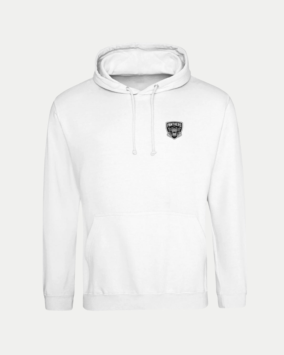 The Nottingham Panthers Made-To-Order Panthers Est 1946 Pullover Hoodie in white is a unisex hoodie with a front pocket, drawstring hood, and small black and white chest logo—perfect for comfortable, minimalist everyday wear.