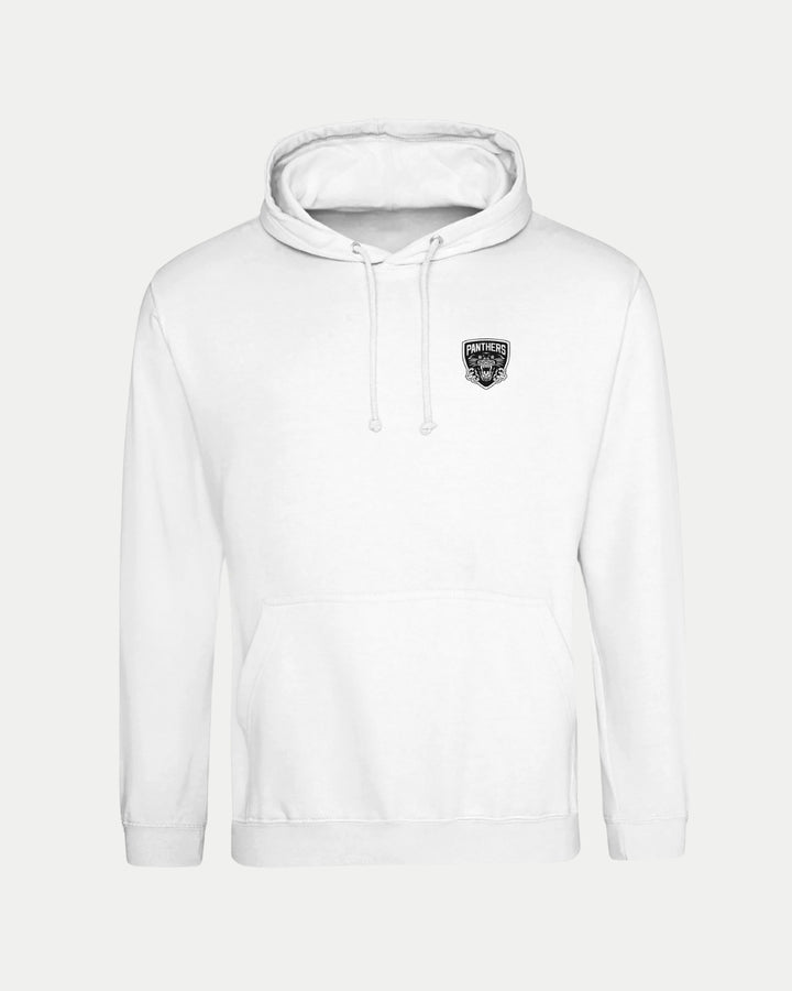 The Nottingham Panthers Made-To-Order Panthers Est 1946 Pullover Hoodie in white is a unisex hoodie with a front pocket, drawstring hood, and small black and white chest logo—perfect for comfortable, minimalist everyday wear.