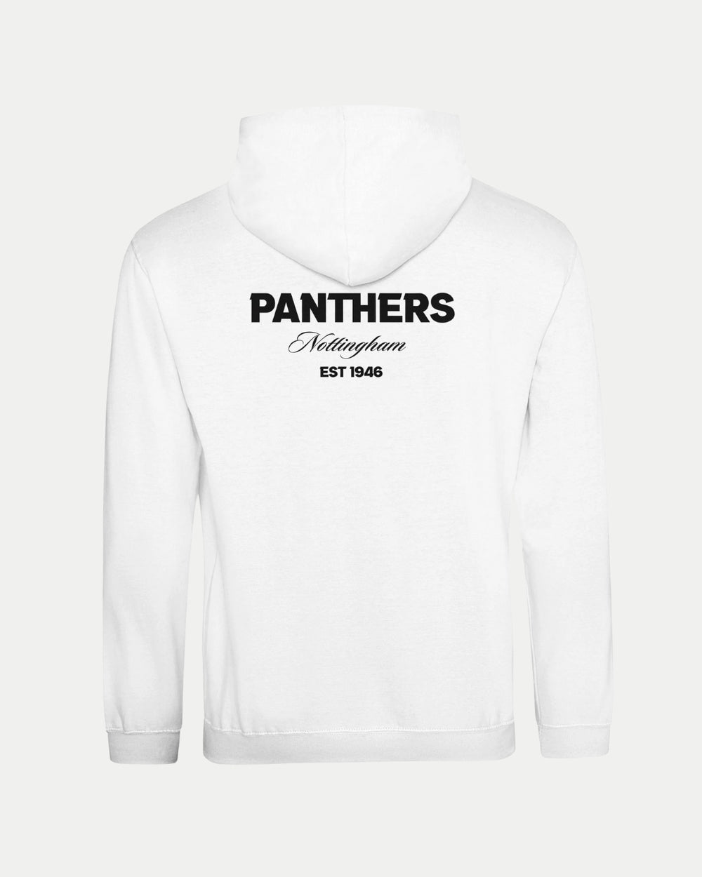 A white unisex Made-To-Order Panthers Est 1946 Pullover Hoodie by Nottingham Panthers, featuring black “PANTHERS” text on the back with “Nottingham” in cursive below and “EST 1946”—ideal for dedicated fans.