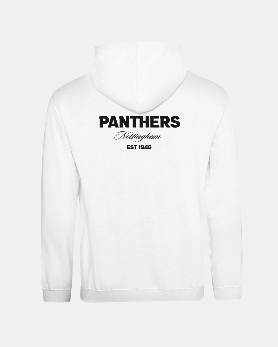 A white unisex Made-To-Order Panthers Est 1946 Pullover Hoodie by Nottingham Panthers, featuring black “PANTHERS” text on the back with “Nottingham” in cursive below and “EST 1946”—ideal for dedicated fans.