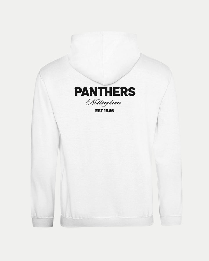 A white unisex Made-To-Order Panthers Est 1946 Pullover Hoodie by Nottingham Panthers, featuring black “PANTHERS” text on the back with “Nottingham” in cursive below and “EST 1946”—ideal for dedicated fans.