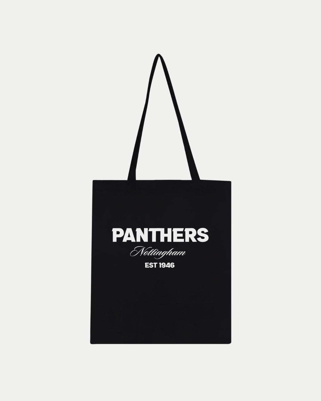 The Made-To-Order Panthers Est 1946 Tote Bag Black by Nottingham Panthers is a black 100% cotton tote with two handles and PANTHERS Nottingham EST 1946 in white text on the front. Plain white background.