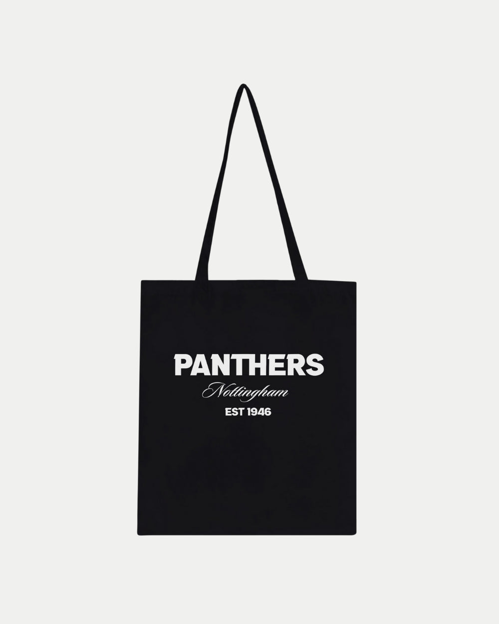 The Made-To-Order Panthers Est 1946 Tote Bag Black by Nottingham Panthers features white “PANTHERS Nottingham EST 1946” text on 100% cotton, with long handles—an eco-friendly everyday option.