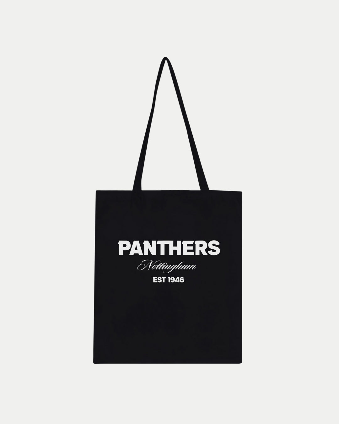 The Made-To-Order Panthers Est 1946 Tote Bag Black by Nottingham Panthers features white “PANTHERS Nottingham EST 1946” text on 100% cotton, with long handles—an eco-friendly everyday option.