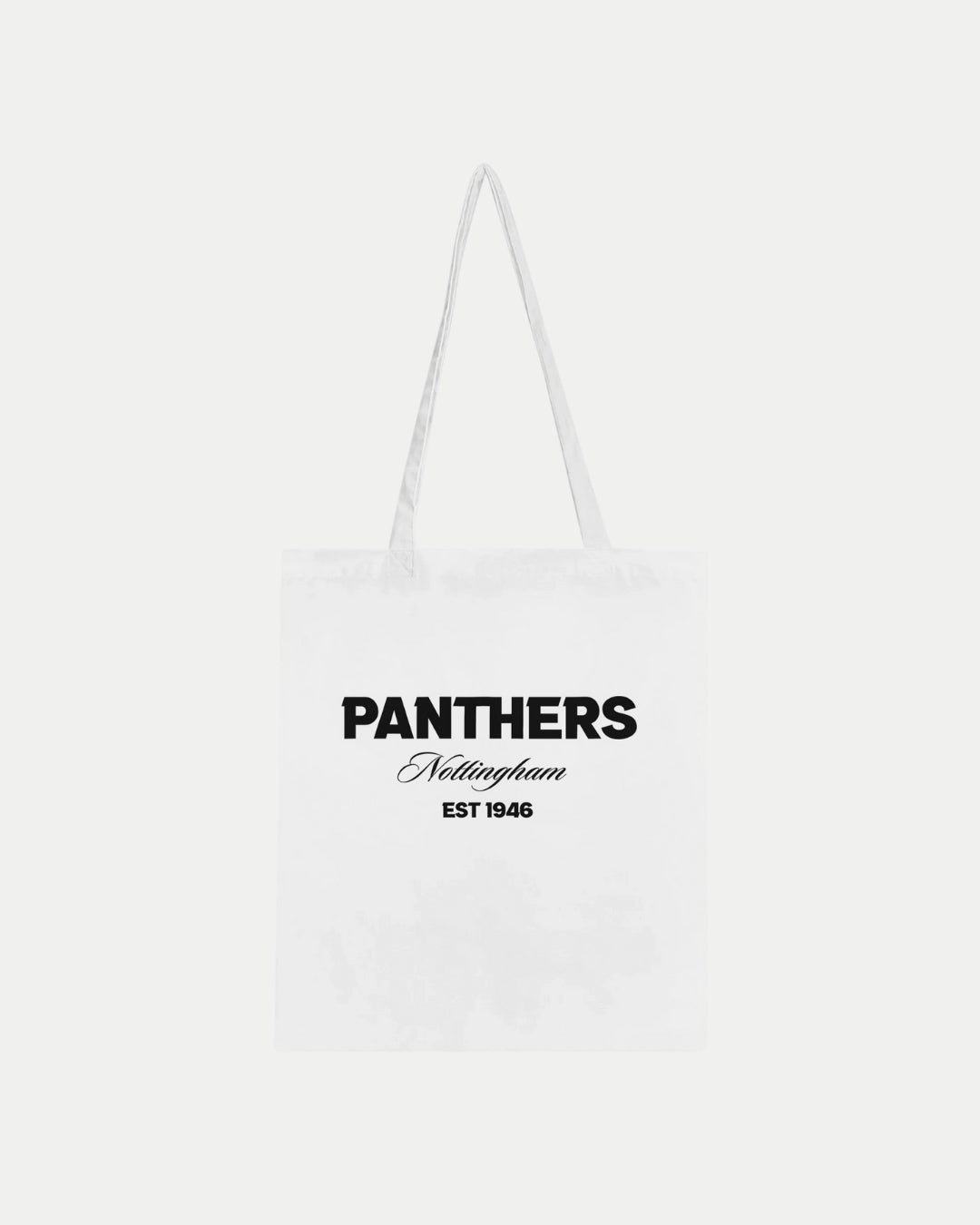 The Nottingham Panthers Made-To-Order Panthers Est 1946 Tote Bag in white is 100% cotton with long handles and black PANTHERS Nottingham EST 1946 text on the front.