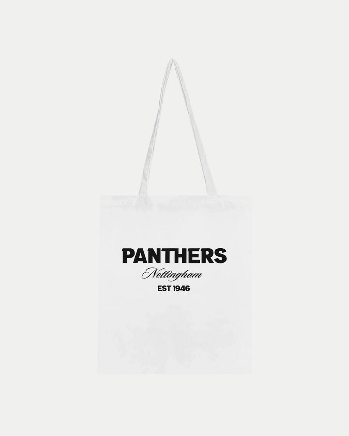 The Nottingham Panthers Made-To-Order Panthers Est 1946 Tote Bag in white is 100% cotton with long handles and black PANTHERS Nottingham EST 1946 text on the front.