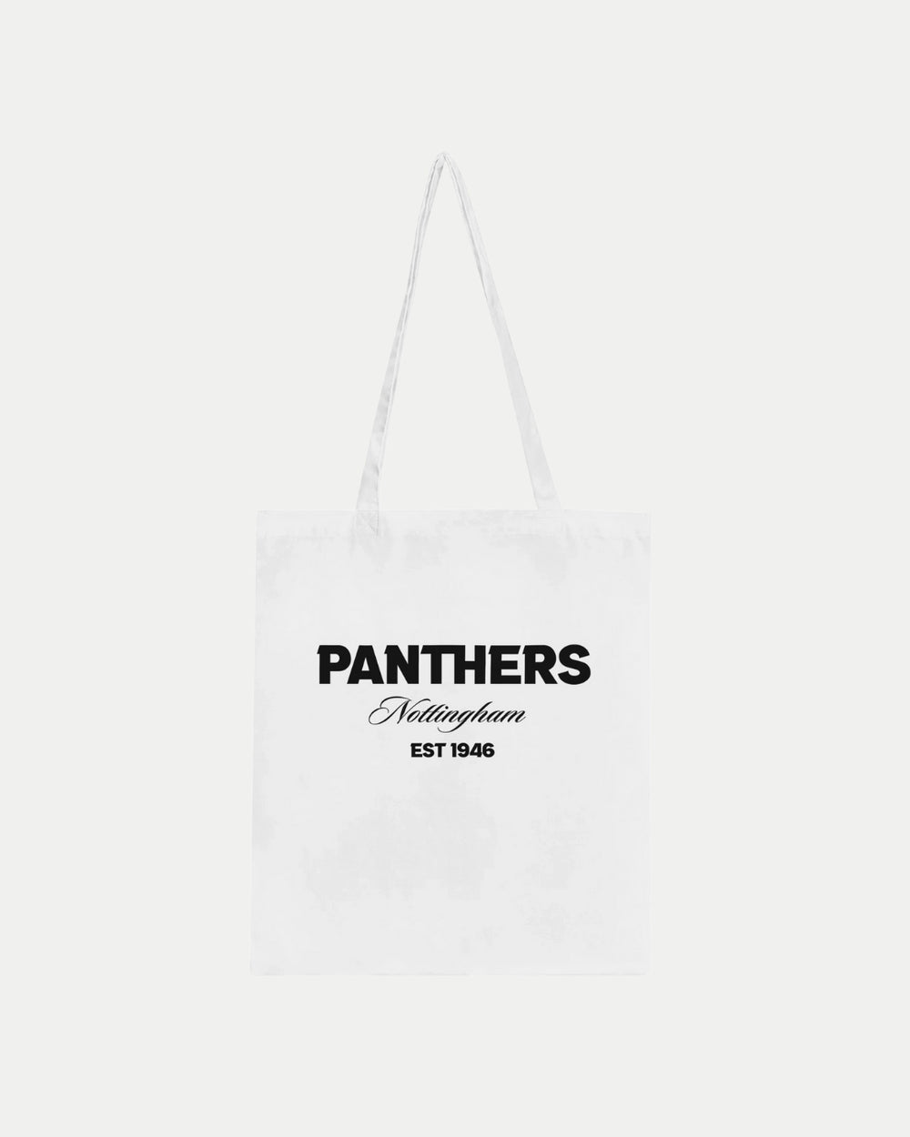 The Made-To-Order Panthers Est 1946 Tote Bag White by Nottingham Panthers features black PANTHERS Nottingham EST 1946 text on 100% cotton, with long handles and a minimalist design perfect for daily use.