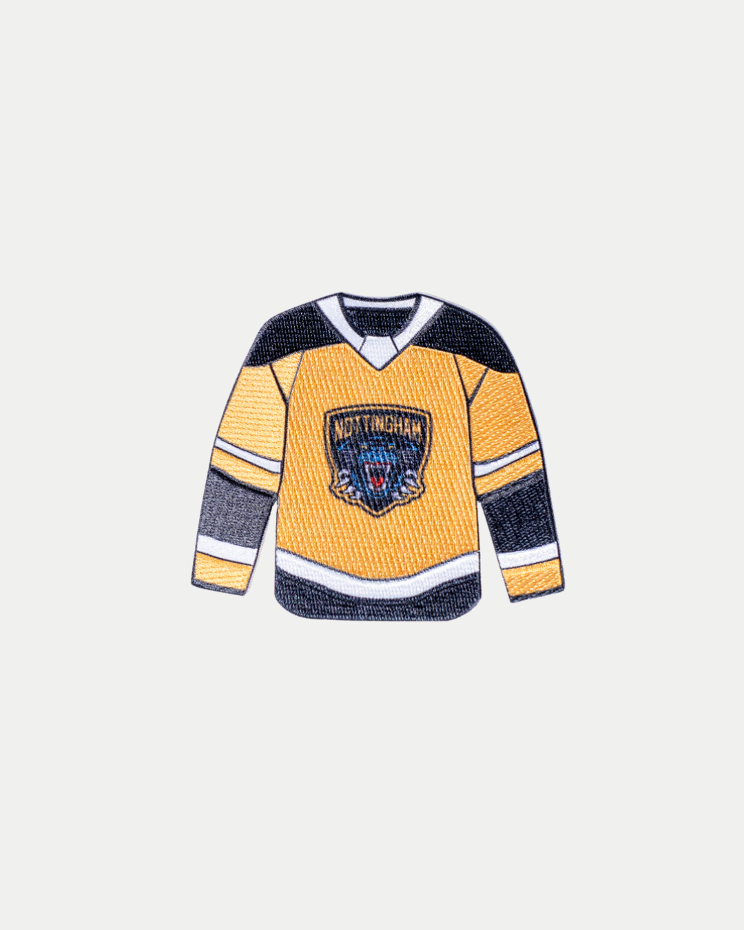 The Panthersland Nottingham Panthers Jersey Patch features "Nottingham" and a roaring panther face logo on a yellow and black background, displayed on a plain white surface.