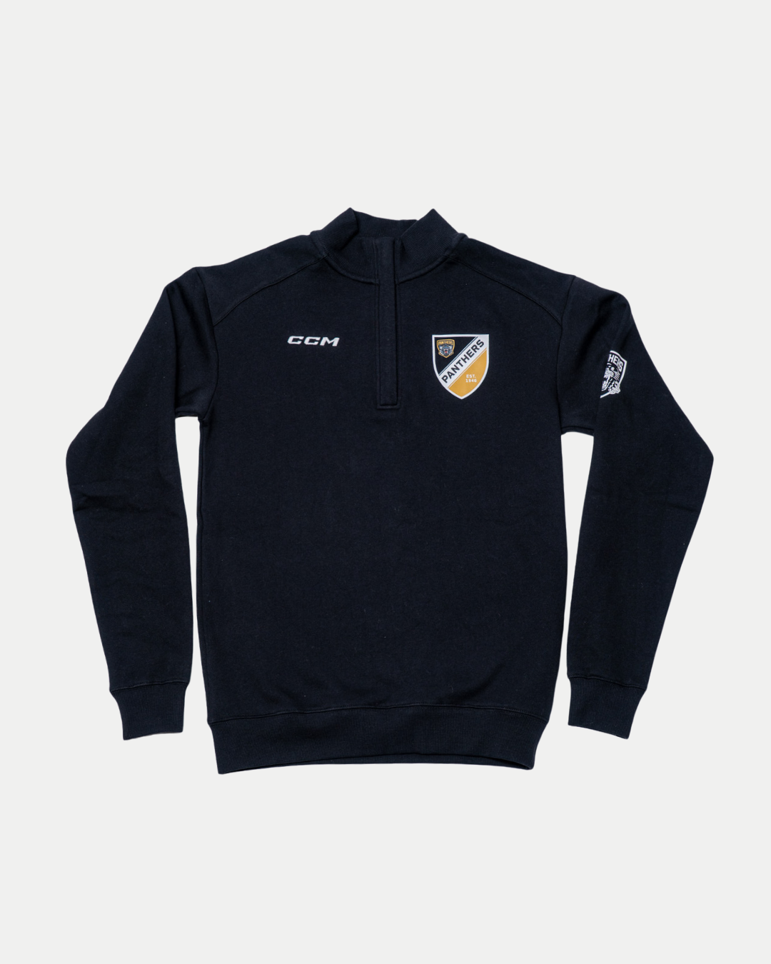 The Nottingham Panthers 25-26 CCM Black Quarter Zip by Panthersland is a black long-sleeve pullover with a quarter zip, featuring the CCM logo, a yellow and white shield emblem on the chest, and a patch on the left sleeve.