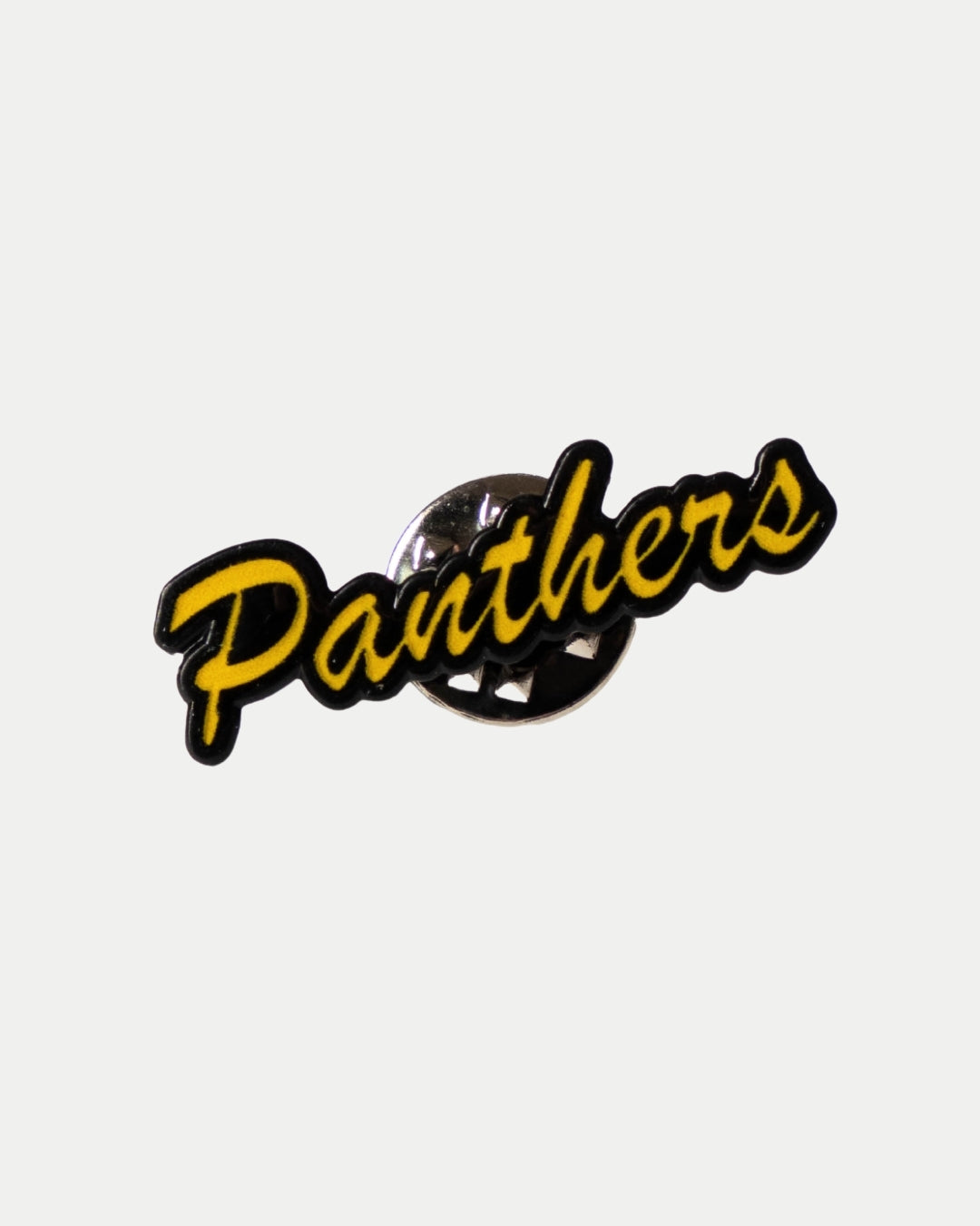The Nottingham Panthers Script Text Pin is a black and yellow enamel pin with Panthers in cursive, attached to a silver backing and shown on a plain white background.