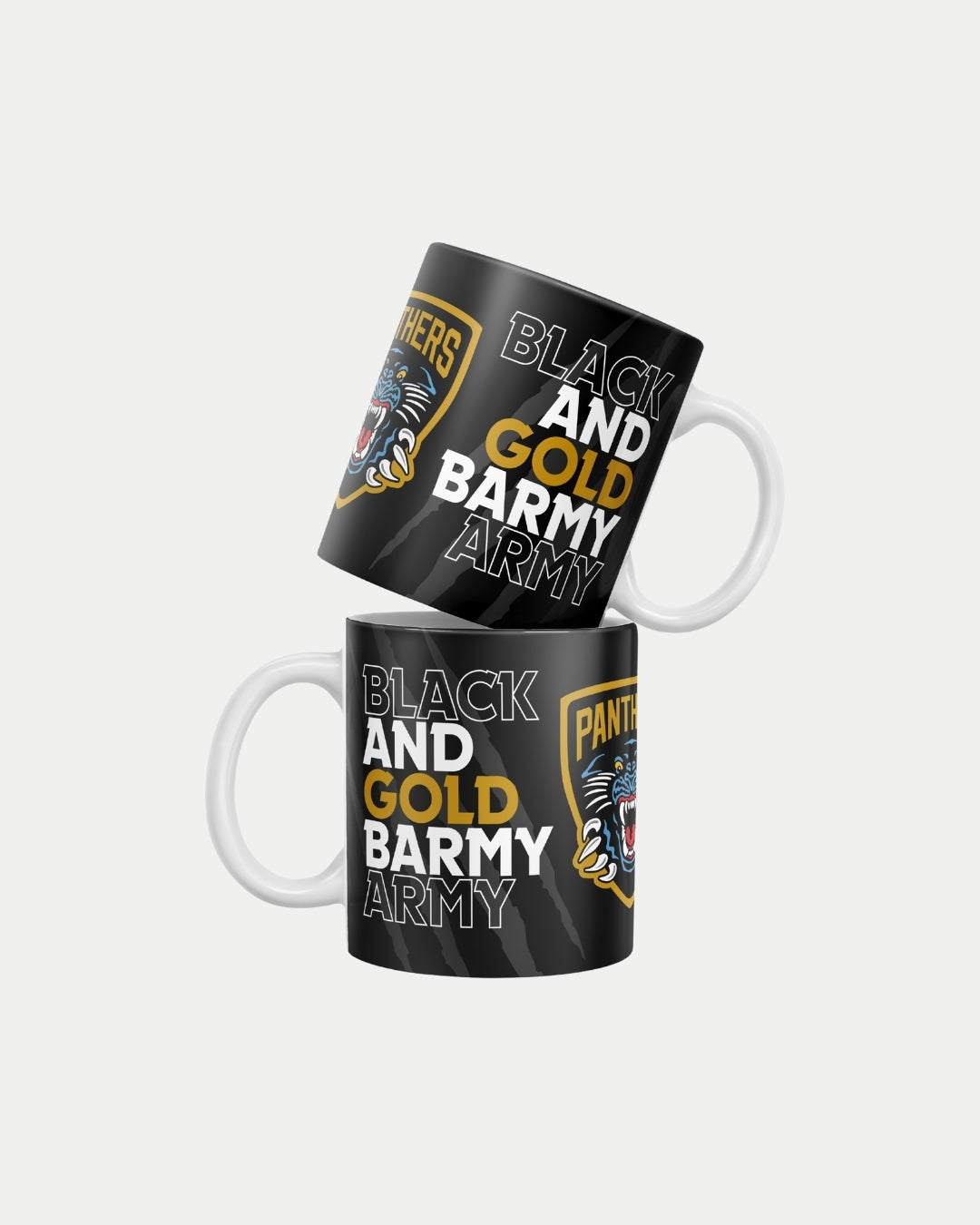 Two Panthers Barmy Army Mugs by The Nottingham Panthers, featuring a roaring panther logo and bold PANTHERS and BLACK AND GOLD BARMY ARMY text in yellow, white, and gray. Made-to-order to help reduce waste.