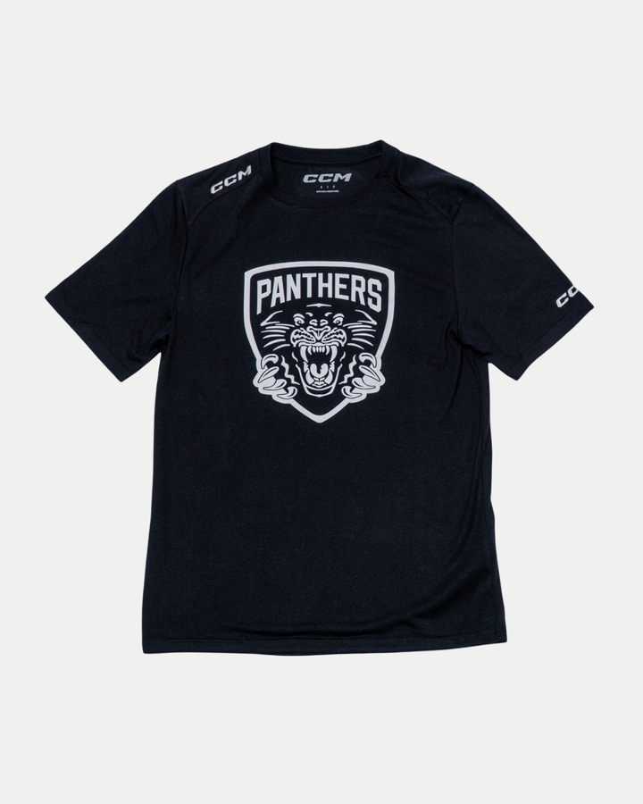The Panthersland Nottingham Panthers 25-26 CCM Black White Crest T-Shirt features a bold panther head logo on the front and CCM branding on the collar and sleeves.