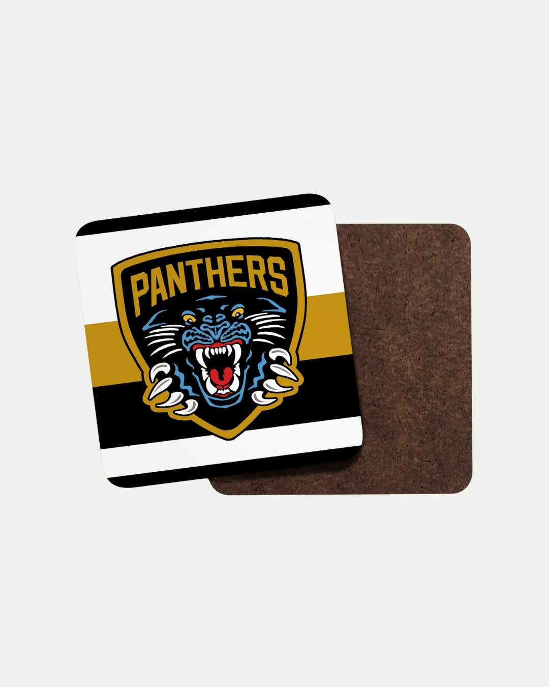 The Nottingham Panthers’ Panthers Striped Coaster is made-to-order to reduce waste, and showcases a stylized panther logo with PANTHERS text on black, white, and gold stripes; a plain brown coaster is partly visible behind.