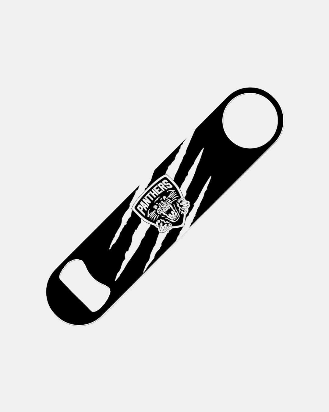 The Nottingham Panthers Panthers White Slash Bar Blade is a black bottle opener with white claw marks and a panther face graphic, plus PANTHERS above. Made to order to minimize waste.
