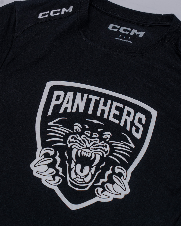 The Nottingham Panthers 25-26 CCM Black White Crest T-Shirt by Panthersland features a black design with a bold white shield logo, a roaring panther, and "PANTHERS" in large letters above the panther’s head.