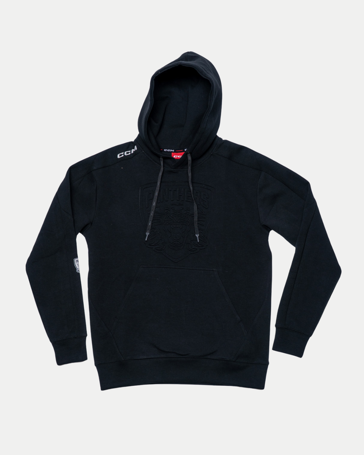 The Nottingham Panthers 25-26 CCM Black Embossed Hoodie by Panthersland features a front pocket, drawstrings, subtle embossed chest logo, a white CCM logo on the left shoulder, and a patch on the right sleeve.