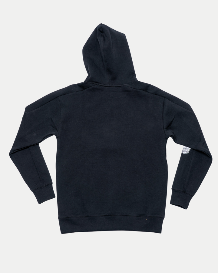 The Nottingham Panthers 25-26 CCM Black Embossed Hoodie by Panthersland is laid flat, back facing up, highlighting its long sleeves, ribbed cuffs, and waistband against a white background.