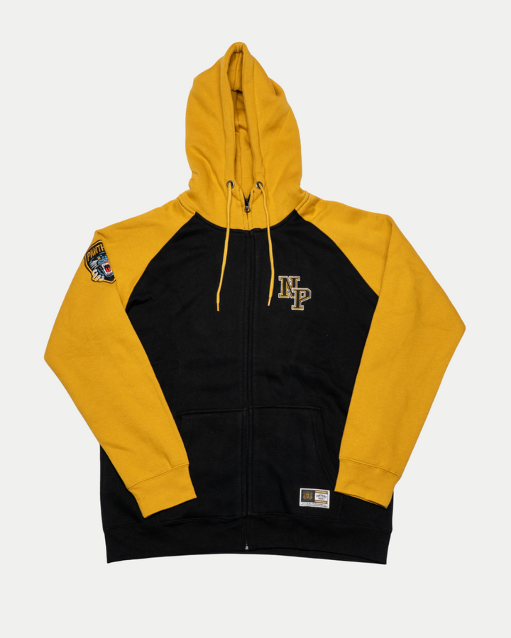 The Panthersland Nottingham Panthers 25-26 NP Logo Zip Hoodie is a black and gold zip-up with the NP logo embroidered on the left chest and a colorful patch on the right sleeve, shown on a white background.