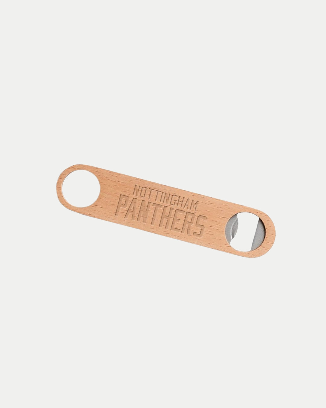The Nottingham Panthers Wooden Bottle Opener features the team name engraved, a circular hanging hole at one end, and a durable metal opener at the other.