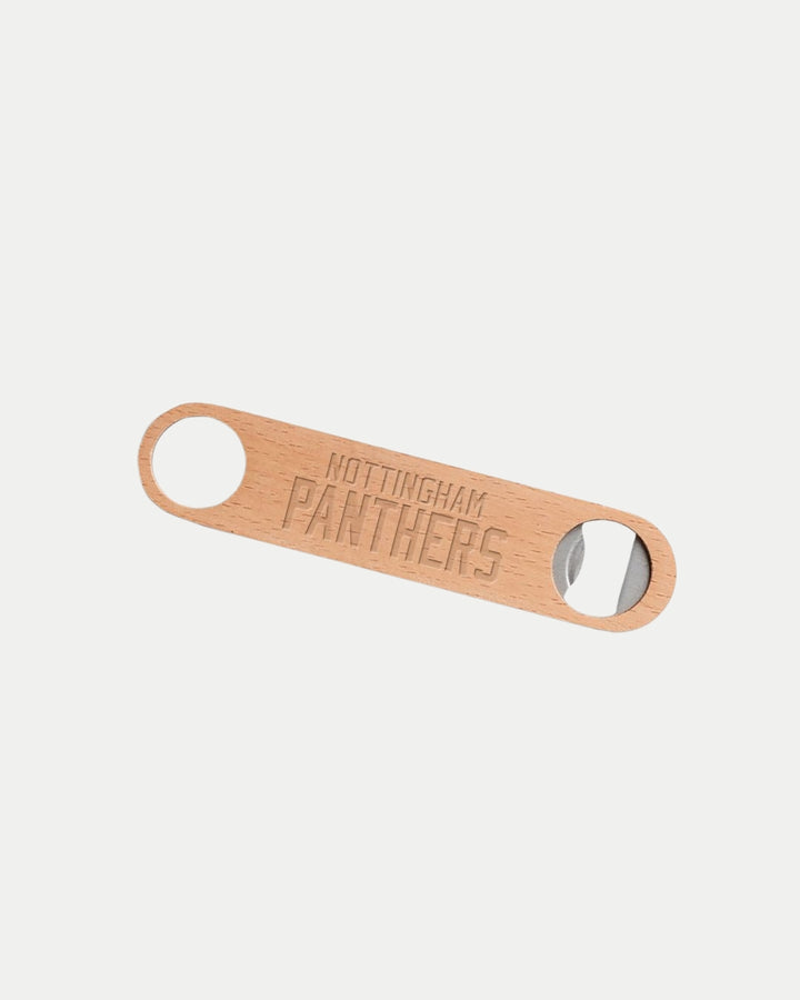 The Nottingham Panthers Wooden Bottle Opener features the team name engraved, a circular hanging hole at one end, and a durable metal opener at the other.