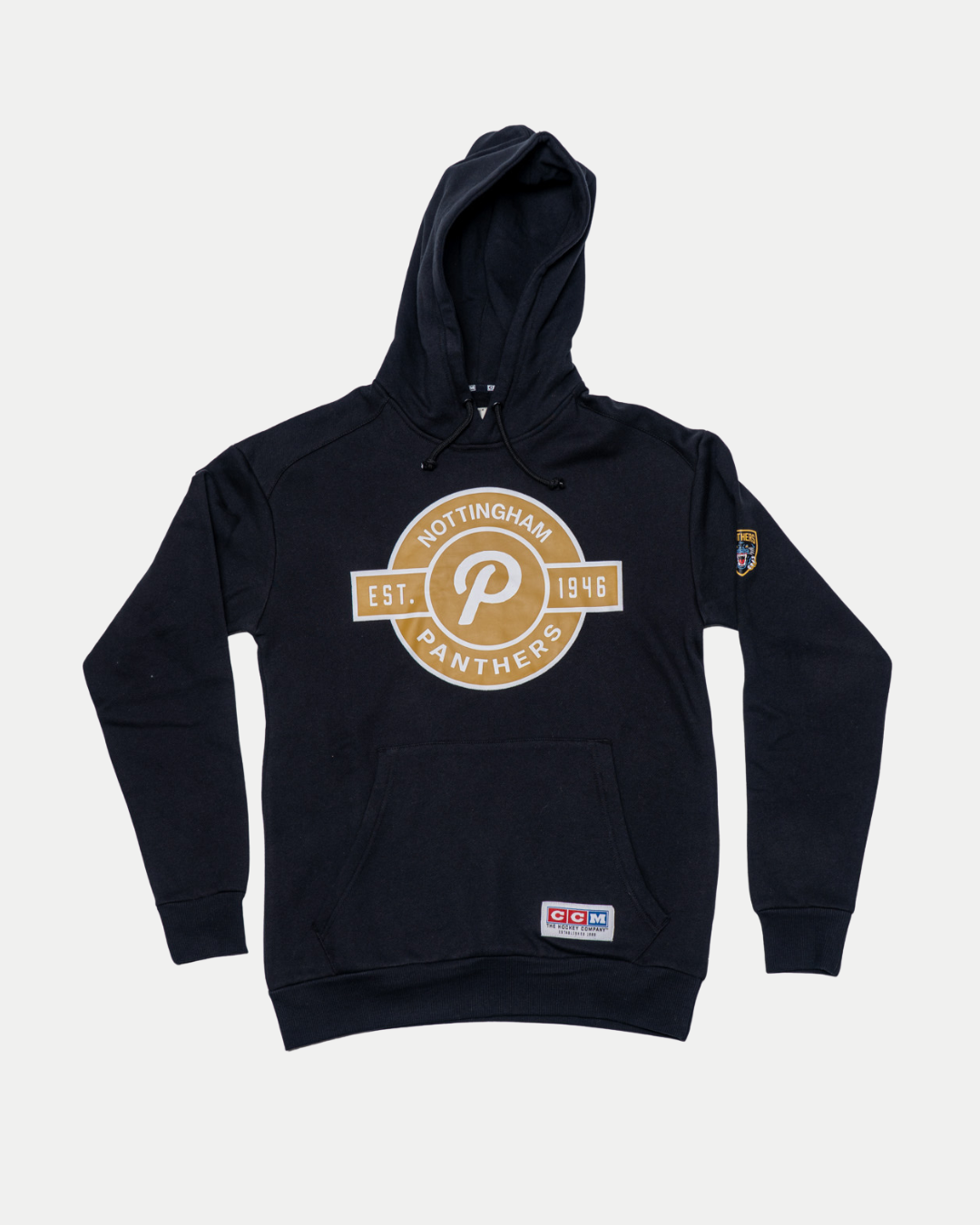 The Panthersland Nottingham Panthers 25-26 CCM black pullover hoodie features a bold gold and white team logo with “EST. 1946” on the front, a badge on the left sleeve, and a patch by the waistband.