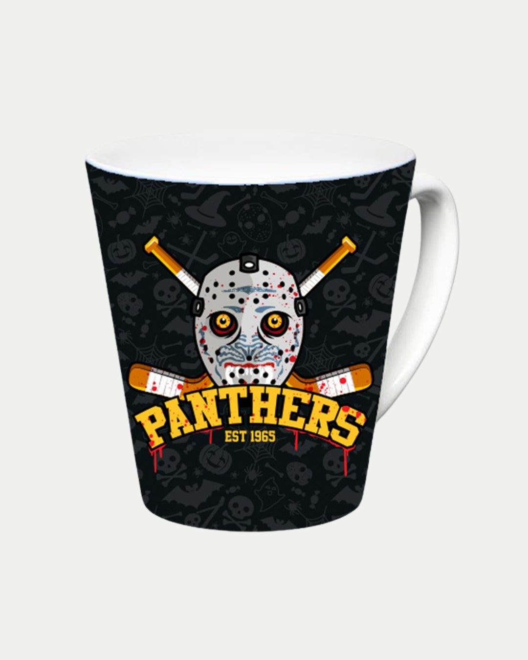 The Nottingham Panthers Halloween Mug features a blood-stained hockey mask, two crossed baseball bats, bold yellow PANTHERS lettering with EST 1965 below, and a dark background with spooky icons.