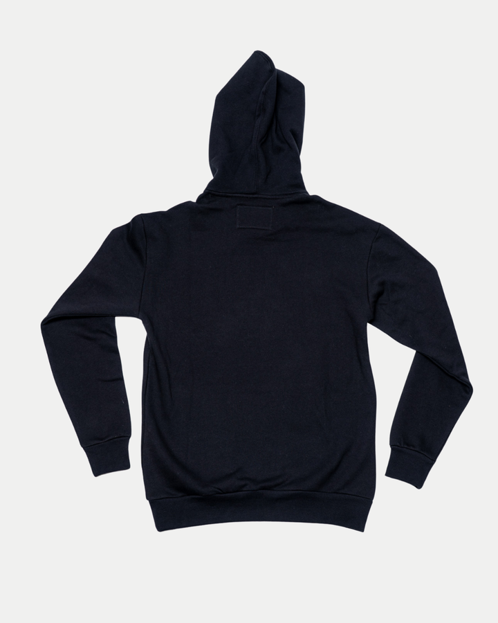 The Nottingham Panthers 25-26 CCM Black Pullover Hoodie by Panthersland is shown laid flat, back view with the hood up and sleeves spread out, on a white background.